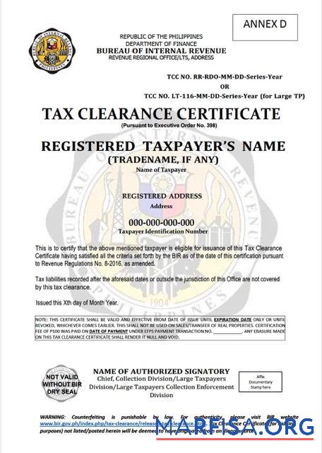 Printable Philippines tax clearance certificate Word and PDF template